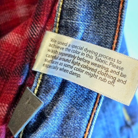 Eddie Bauer Flannel Lined Jeans Boyfriend Fit Womens Sz 14 Medium Wash Red Plaid - Picture 9 of 14